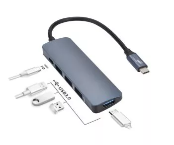 USB адаптер тип C USB A 4-портов HUB+PD, кутия 4x USB 3.0 + гнездо за зареждане тип C, кутия DINIC